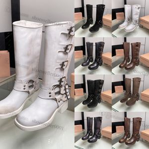 Haute qualité Miu bottes femmes bottes hautes chaussures de designer style y2k noir blanc marron cuir motard botte bout rond talon épais martin bottes ceinture boucle garniture avec boîte