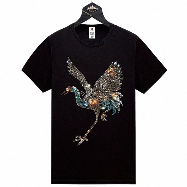 2023 Alta calidad Grúa coronada roja Rhinestes Camisetas de manga corta para hombres Cott S-5XL Flying Birds Print O Neck Tees P9Dg #