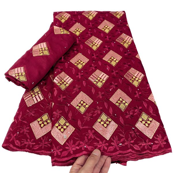 2023 Tela seca de encaje de gasa suiza roja de alta calidad con diamantes de imitación 5 yardas vestidos de banquete de fiesta de mujeres africanas costura artesanal trajes modernos textiles más nuevo KY-5210