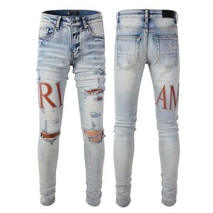 2023 Hip-Hop High Street Jeans de marque de mode rétro déchiré pli couture designer moto pantalon slim taille 28-40.