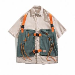 2023 Hip Hop Techwear Camisa de carga Vintage Patchwork Ribb Cordón Camisa de manga corta para hombres Calle Casual Blusa de gran tamaño N94P #