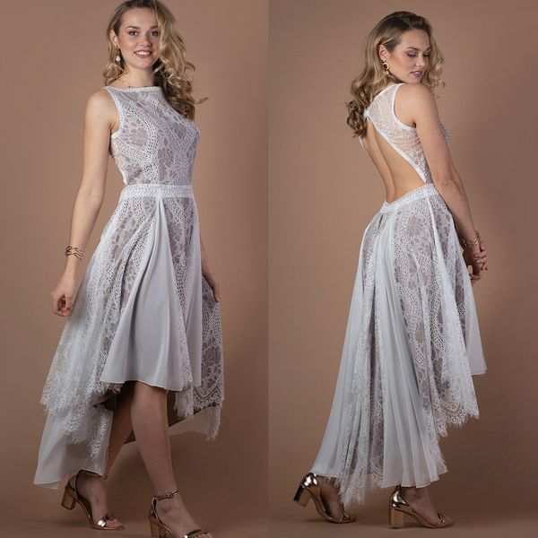 2023 Hippie Style Boho Haut Bas Robe De Mariée A-ligne Dentelle En Mousseline De Soie Robes De Mariée Court Devant Long Dos Sexy Dos Nu Sans Manches D'été Plage Robes De Mariée