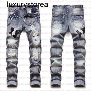 2023 Hot Mens Jeans Designer European Jean Hombre Letter Star Men Men de broderie Ripwork Ripped for Trend Brand Motorcycle Pant Hommes Skinny