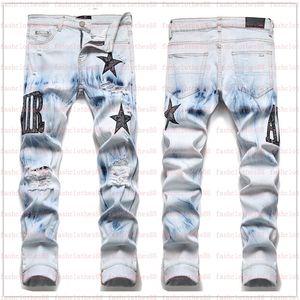 2023 Hot Mens Jeans Designer European Jean Hombre Letter STAR Men Embroderie Patchwork Ripped for Trend Brand Motorcycle Pant Skinny Qldn