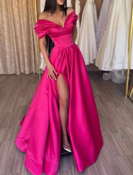 2023 Hot Pink Fuchsia Arabe Robes De Soirée Portent Vintage Satin Hors Épaule Haut Côté Split Robe De Bal Robe De Bal Formelle Partie Deuxième Robes De Réception