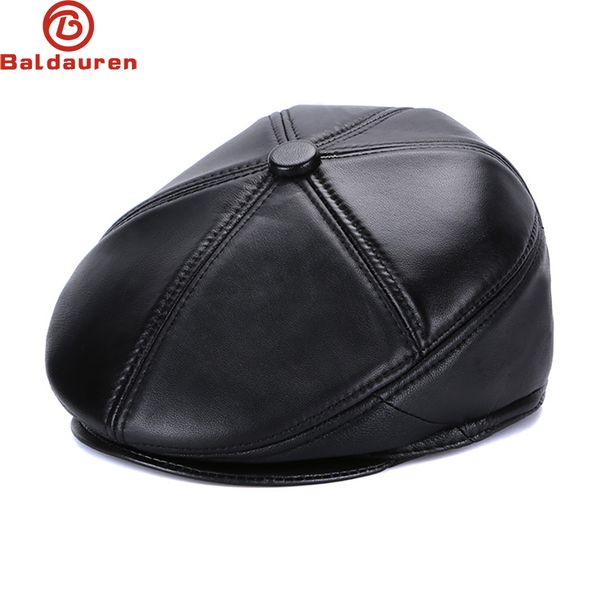 2023 offre spéciale bérets en cuir de mouton véritable homme noir décontracté bec de canard chapeaux Vintage luxe 100% cuir véritable hiver chaud casquettes plates