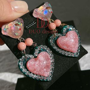 2024 Venta caliente lindo acrílico Moissanite rosa oso corazón colgante pendientes encantador Ins moda S925 pendiente de gota para niñas y mujeres