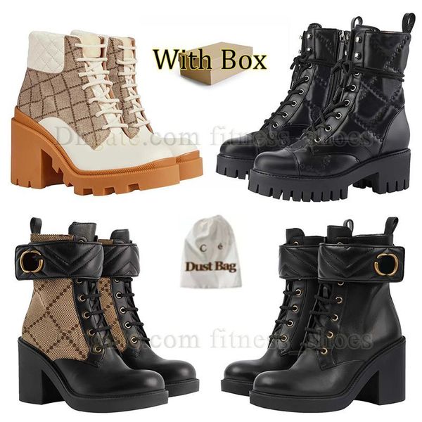 2023 Hot Top Martin Boots Botas de cuero de tacón alto Bota del desierto Cremallera Bota de combate para mujer Bota de tobillo con cordones Estampado vintage Jacquard Textil Caucho clásico con caja