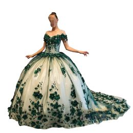 2023 Hunter Green Nude Prom Sweet 16 Robes Robe De Bal Floral 3D Fleurs Perles Perlées De L'épaule Robe De Quinceanera Plus Siz179P