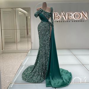 Robe de bal fendue à paillettes vert Hunter, asymétrique épaule dénudée, manches longues, robe de soirée arabe scintillante pour femmes, 2023