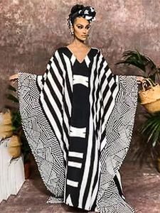 2023 Indie Folk Gestreept Plus Size Lange Kaftan Casual V-hals Zomer Maxi Jurk Kleding Strandkleding Badpak Cover Up A1055 240320