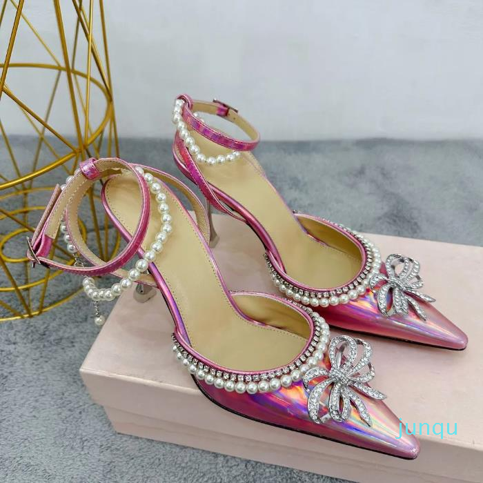 2023-Scarpe eleganti con tacco alto rosa iridescente Sandali da passerella modello in pelle con diamanti e perle