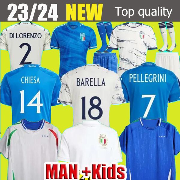 2023 Italie Soccer Jerseys Joueys Version Maglie Da Calcio Long Manche Pellegrini Chiesa Barella Italia 23 24 Football Shirts T Women Men Set Kid Kit Training
