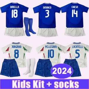 2024 Italie Team National Kids Kit Soccer Jerseys Chiesa Barella Jorginho Pellegrini Locatelli DiMarco Di Lorenzo Home Away Football Shirts