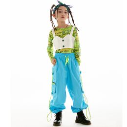 2023 Jazz Dance Costuums For Kids White Vest Blue Losse broek Kpop kleding voor meisjes Ballroom Hip Hop Dance Streetwear DN13853