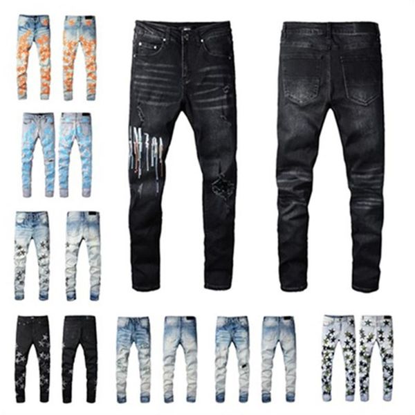 Designer Pant Purple Jeans Jeans European Jean Hombre Letter Star Men Men Broderie Patchwork Ripped for Trend Brand Pant Mens Skinny Designer Designer Jeans Amirir Jeans