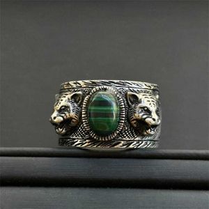 2023 bijoux argent￩ antique verte turquoise double tigre t￪te douze anneau de personnalit￩ de domination zodiaque