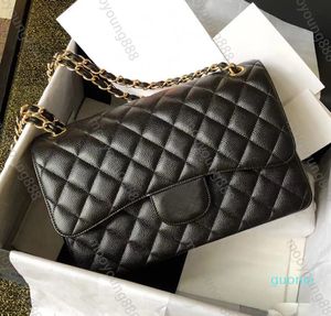 2023 Bolso Jumbo con doble solapa Diseñador de lujo Caviar de cuero real Piel de cordero Bolso negro clásico Bolso acolchado Calidad de espejo Hombro Bolsos dorados Cartera con cadena