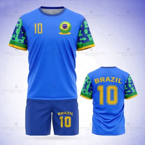 2023 JUMEEST Brasil Football Jersey Patrón de camiseta Conjunto de pantalones cortos de impresión Blue Mesh Sports Ball Team UNIFORM 240315