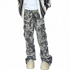 2023 Kanye Y2K Streetwear Baggy Stacked Flared Jeans Pantalones de carga para hombres Ropa Gris Mujeres Pierna ancha LG Pantalones Ropa Hombre L3bV #