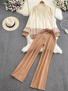 2023 Mode coréenne Demi-col haut Stripe Couture Pull Sweaterhigh taille droite jambes larges tricoté deux pièces ensemble femmes 240304