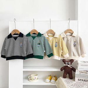 2023 coréen ins printemps automne polo polo bébé garçons rayés à manches longues inférieures enfants garçon ours tops imprimés l2405