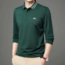 J Lindeberg GOLF – T-shirt à manches longues pour hommes, couleur unie, décontracté, bouton de revers, Polo Anti-rides, coréen, nouvelle collection 2023