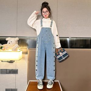 2023 Koreaanse Lente Herfst Junior Meisje 2 Stuks Tiener Kant Ronde Hals ShirtDenim Pocket Jumpsuits Rompertjes Pak 231226