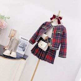 2023 Corea Primavera Autumn Nids Girls 2 PPC Faldas a cuadros Plaid Traje Border Border Round Collar Open Coat Fat Fit 231221