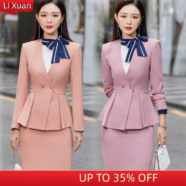 2023 Primavera coreana Formal Ladies Pink Pants Blazer Mujeres Trajes de negocios con conjuntos Ropa de trabajo Uniforme de oficina 4XL Tamaño Falda Chaqueta L230619