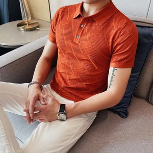 2023 Coréen Style Mens Summer Hollow Out Tricoting Polo Polo Slim Fit Plaid Fashion Casual Short Shirt S4XL 240429