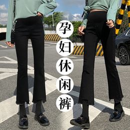 2023 Style de style coréen Pantalon denim de la grossesse Pipeau irrégulier Haut-taille maternité jeans vintage Pantalon du ventre des femmes enceintes vintage