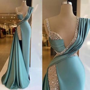 2023 Lake Blue Prom -jurken Designer Sparkly Pailletten kralen satijn hoge split op maat gemaakte avondjurk formele gelegenheid slijtage vestidos plus maat