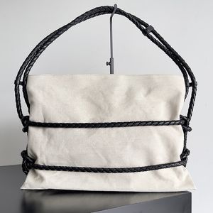 2023 Nieuwste Designer Quadronno Tote Bag Canvas schoudertas voor dames met een intreccio lederen spiegelkwaliteit dames grote handtas twee platte zakken