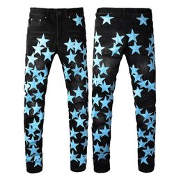 2023 Nieuwste vermelding Skinny Jeans for Mens Blue Star Pattern Label Floral Print Denim Pants Embroidery Men Fashion Designer Hip Hop Black Size 28-40