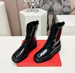 2023 dernières bottes courtes pour femmes en cuir mat visage en cuir brillant à lacets avec décoration Liuding formel décontracté Banquet travail correspondant taille 35-42 boîte