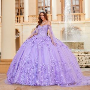 2024 Lavender Butterfly Quinceanera Dress with Cape Lace Appliques Crystals