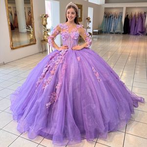 2024 Lavendel Glanzende Quinceanera Jurken Lange Mouwen Kralen Met 3D Applicaties Kant Tull Baljurk Vestidos De 15 Anos