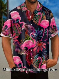 2023 Leaf- en flamingo -printshirt voor mannen Hawaiian Casual Beach Korte mouw mode tops mannelijke blouse zomer kleding 240430