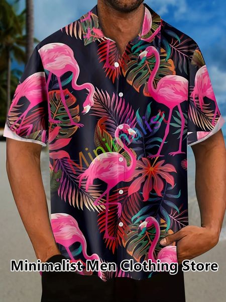 2023 chemise imprimée en feuilles et flamants pour hommes Hawaiian Casual Beach Short Fashion Tops Blouse mâle Vêtements d'été 240430