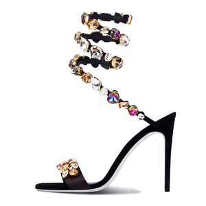 2023 lederen schapenvacht satijn sandalen 10CM stiletto hoge hakken kleurrijke diamant one-line Zomer peep-toe open tenen Flip-flops snake snaker Smalle band feestmaat 34-46