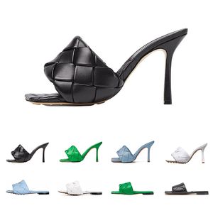 2023 Lido zapatos de vestir Sandalias Mulas Tacones planos Diapositivas Tejido Diseñador Mujeres Zapatillas cuadradas Damas Boda Zapatos de tacones altos Vestido Toe Dazzle Bombas de moda Tamaño 34-40