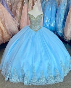 2023 robe de bal bleu clair quinceanera robes épaule tulle perles de cristal dentelle appliques corset longueur de plancher doux 16 fête robes de soirée de bal