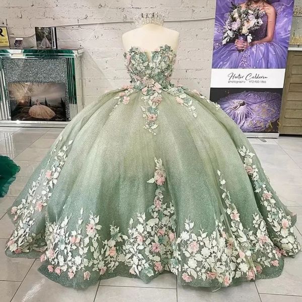 2023 Flores hechas a mano de color verde claro vestidos de quinceanera de pelota Novia mangas mangas apliques para dulce 15 chicas fiesta bc14471 0216