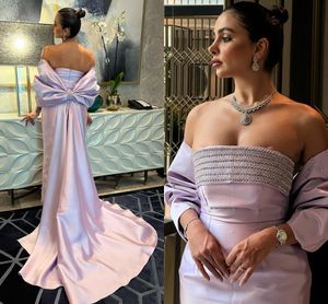 2023 lilas sirène Dubaï robes de soirée de luxe avec Bow Cape perlée arabe fiançailles robes de bal Abendkleider Robe De soirée