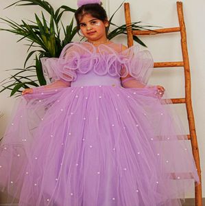 2023 Lilas Sheer Neck Flower Girl Robes Robe De Bal Tulle Perles Vintage Petite Fille De Noël Peageant Anniversaire Baptême Tutu Robe Robes ZJ4236