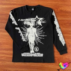 2023 Lange Mouw Hellstar Overwinning Binnen Tee Mannen Vrouwen Grafische Print Hellstar T-shirt Oversize Zwart Crewneck Tops T230806