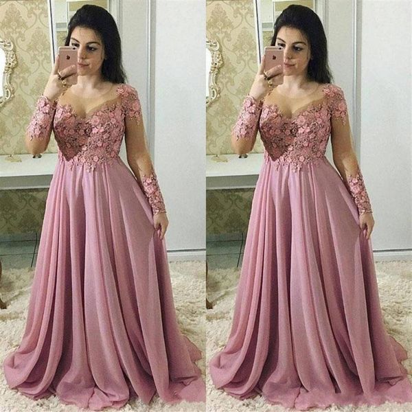 2023 manches longues rose poussiéreux mère de la mariée robes bijou cou illusion dentelle appliques fleurs en mousseline de soie soirée mariage 2319