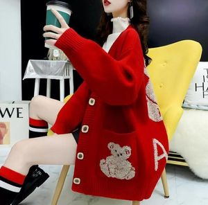 2023 lâche femmes pull Cardigan automne hiver vêtements d'extérieur Style coréen tricoté marque basique manteaux épais rouge pull haut 123
