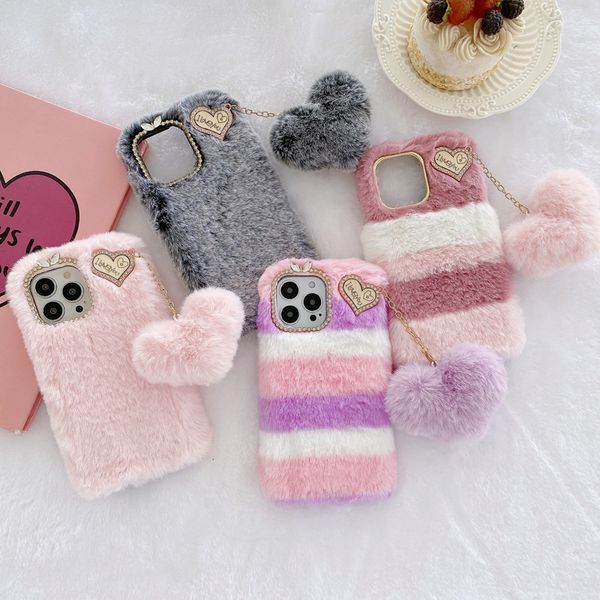 2023 Lovely Cute Sweetheart Furry Fur Phone Cases Case para iPhone 14 13 12 11 PRO MAX Mini XR XS 7 8 BACK PROTECITVE Bow Cover